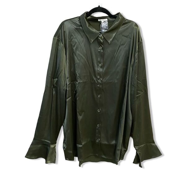 NWT Remi x Revolve Serena button up satin shirt olive green blouse Plus 2X - Picture 9 of 12